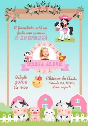 Convite Aniversário Fazendinha com Foto para Editar Online