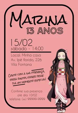 Convite de Aniversário Demon Slayer com Nezuko para Editar Online