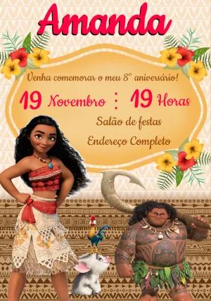 Convite de Aniversário Moana com Personagens para Editar Online