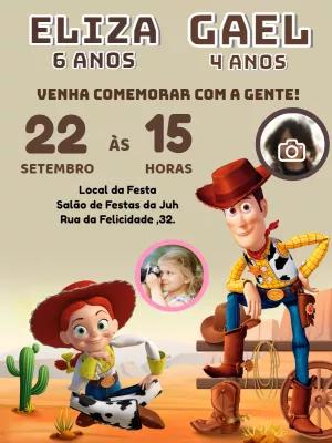 Convite Aniversário Duplo Toy Story com Foto para Editar Online