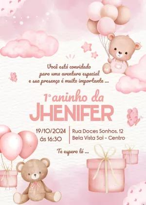 Convite Aniversário Ursinha Aquarela Editável Online