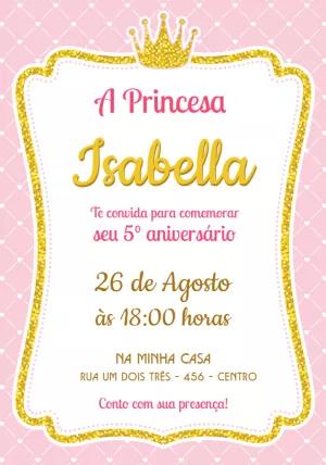 Convite Princesa com Coroa de Glitter para Editar Online