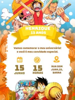 Convite de Aniversário One Piece com Personagens para Editar