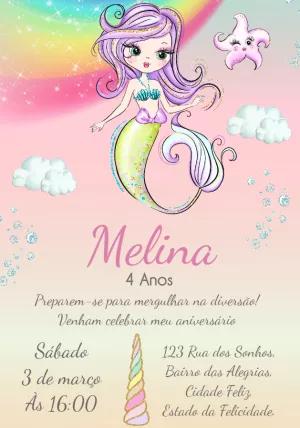 Convite Aniversário Sereia Arco-íris para Editar Online