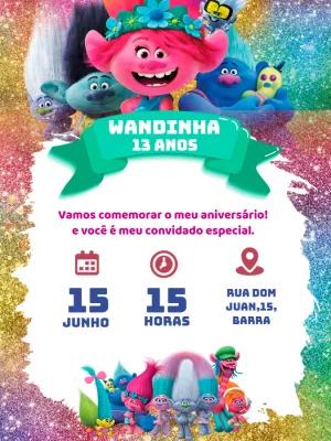 Convite de Aniversário Trolls Editável para Enviar Online