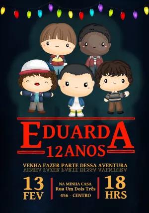 Convite Aniversário Stranger Things com Personagens para Editar