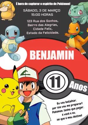 Convite de Aniversário Pokémon com Personagens para Editar Online