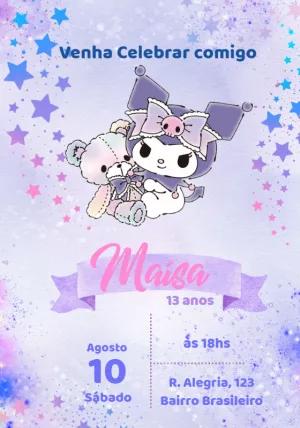 Convite Aniversário Kuromi Aquarela para Editar Online