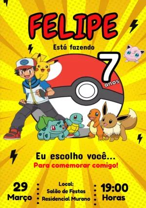 Convite de Aniversário Pokémon com Personagens para Editar Online