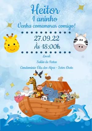 Convite Aniversário Arca de Noé com Animais para Editar Online