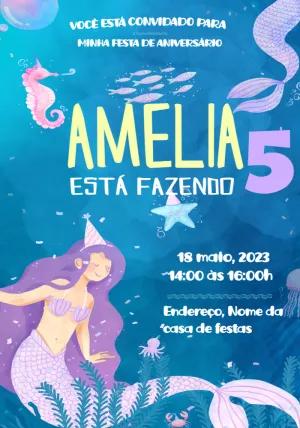 Convite de Aniversário Sereia Fundo do Mar para Editar Online