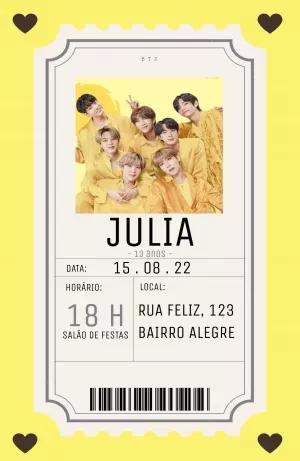 Convite Aniversário BTS Kpop Estilo Ingresso para Editar