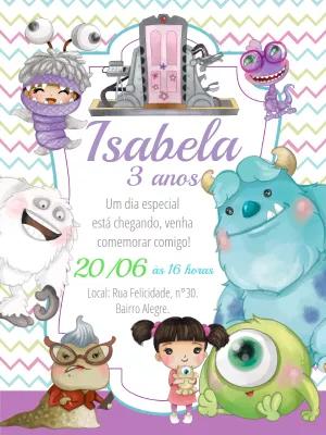 Convite Aniversário Monstros SA com Personagens para Editar