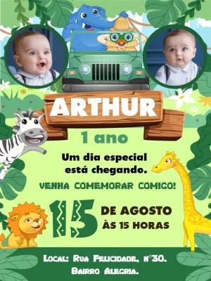 Convite Aniversário Infantil Safari com Foto para Editar Online
