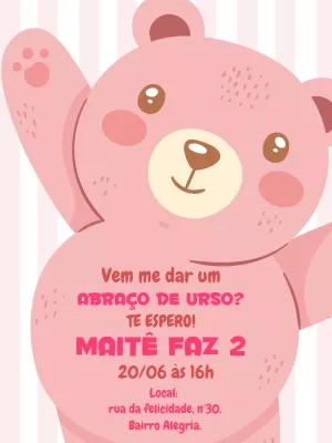 Convite de Aniversário Ursinha Abraço de Urso para Editar Online