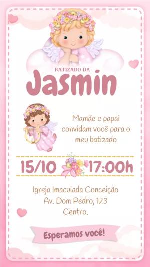 Convite de Batizado Anjinha Rosa para Editar Online