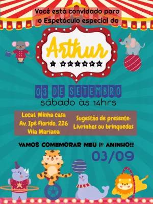 Convite de Aniversário Circo com Animais para Editar Online