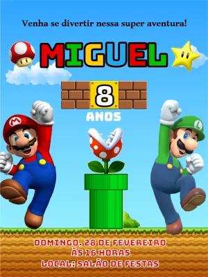 Convite Aniversário Super Mario com Mario e Luigi para Editar