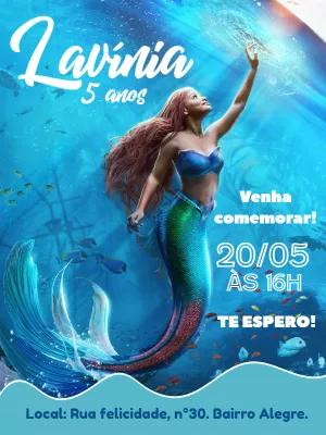 Convite Aniversário Pequena Sereia com Foto para Editar Online