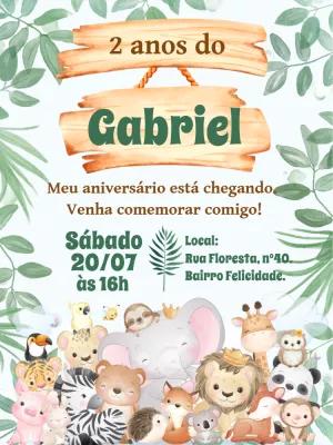 Convite Aniversário Safari com Animais Fofos para Editar Online
