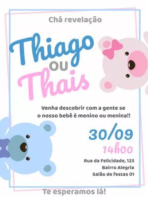Convite Chá Revelação Ursinhos para Editar Online