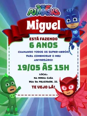 Convite Aniversário Pj Masks com Heróis para Editar Online