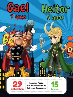 Convite Aniversário Duplo Thor e Loki para Editar Online