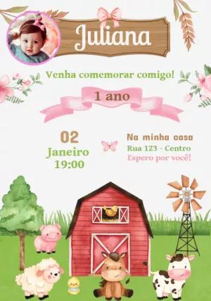 Convite Aniversário Fazendinha com Foto para Editar Online