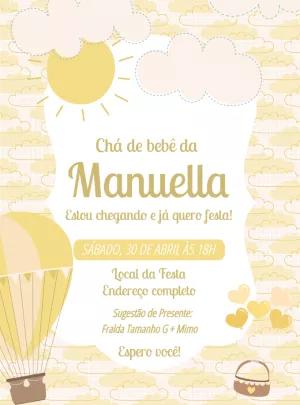 Convite Chá de Bebê Balão Amarelo e Nuvens para Editar Online