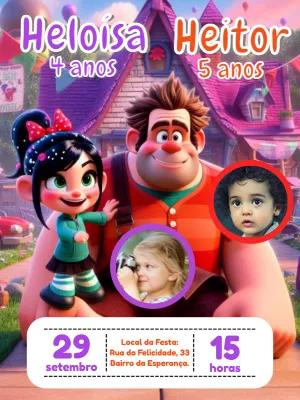 Convite Aniversário Duplo Detona Ralph com Foto para Editar