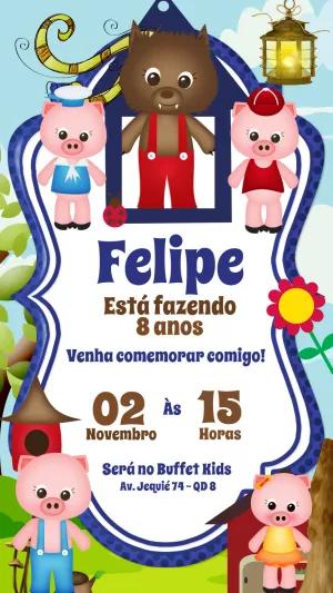Convite Aniversário Três Porquinhos e Lobo Mau para Editar