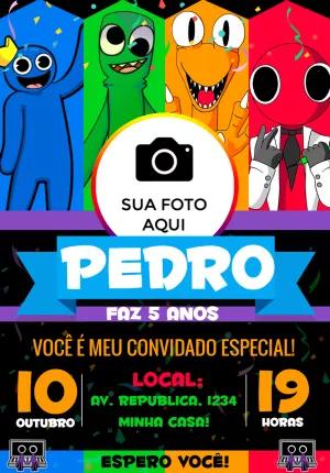 Convite Aniversário Rainbow Friends com Foto para Editar Online