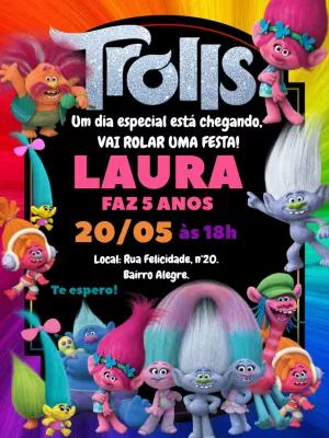 Convite Aniversário Trolls com Personagens para Editar Online