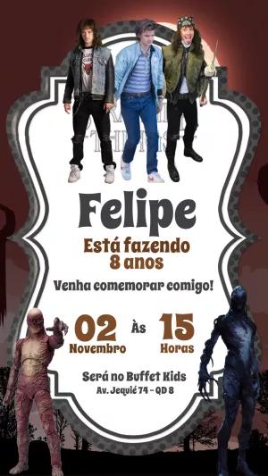Convite de Aniversário Stranger Things com Personagens para Editar