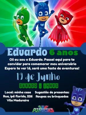 Convite de Aniversário PJ Masks com Heróis para Editar Online