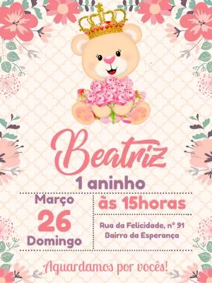 Convite Aniversário Ursinha Princesa Floral para Editar Online