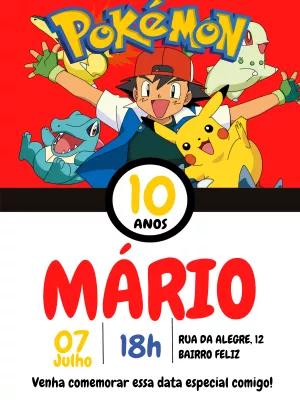 Convite Aniversário Pokémon com Ash e Pikachu para Editar Online