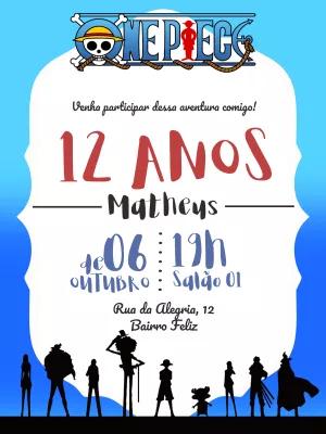 Convite de Aniversário One Piece com Personagens para Editar