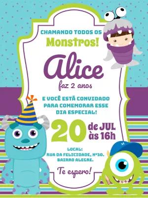 Convite Aniversário Monstros S.A. para Editar Online