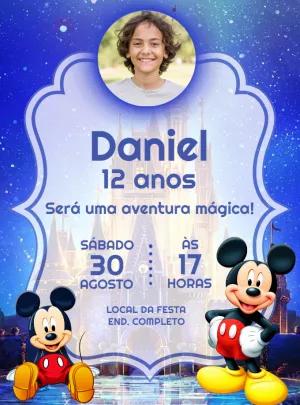 Convite Aniversário Mickey Mouse Azul com Foto para Editar