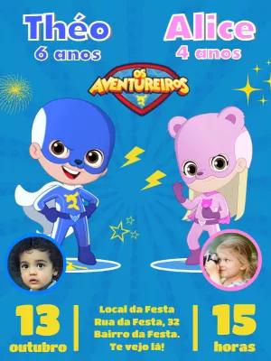 Convite Aniversário Duplo Aventureiros com Foto para Editar Online