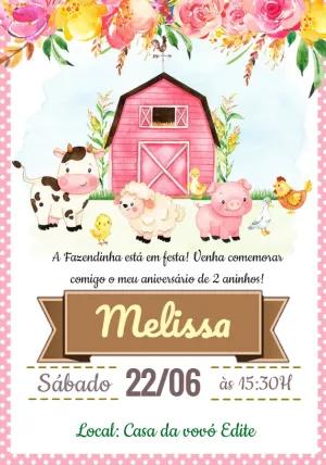 Convite Aniversário Fazendinha Rosa com Animais para Editar