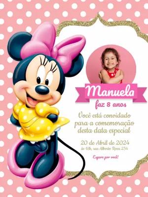 Convite de Aniversário Minnie Mouse com Foto para Editar