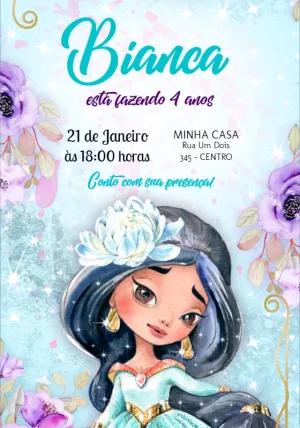 Convite Aniversário Princesa Jasmine Glitter para Editar Online