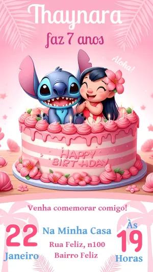 Convite Aniversário Lilo e Stitch Rosa para Editar Online
