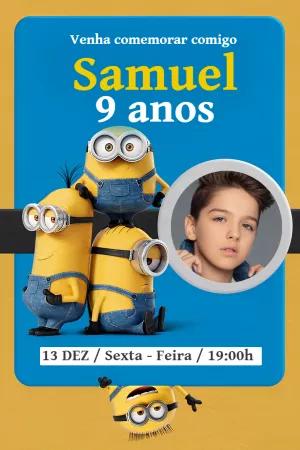 Convite Aniversário Minions com Foto para Editar Online