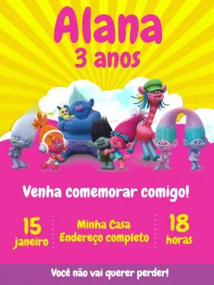 Convite Trolls Editável Online para Festa de Aniversário