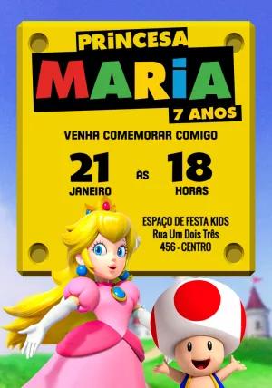 Convite Aniversário Princesa Peach e Mario para Editar Online