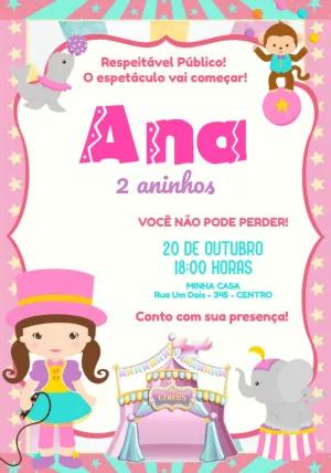 Convite Aniversário Circo Rosa para Menina para Editar Online