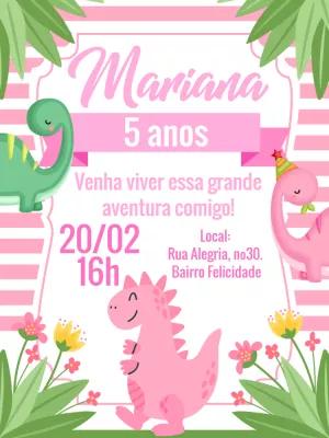Convite Aniversário Dinossauro Menina Rosa para Editar Online